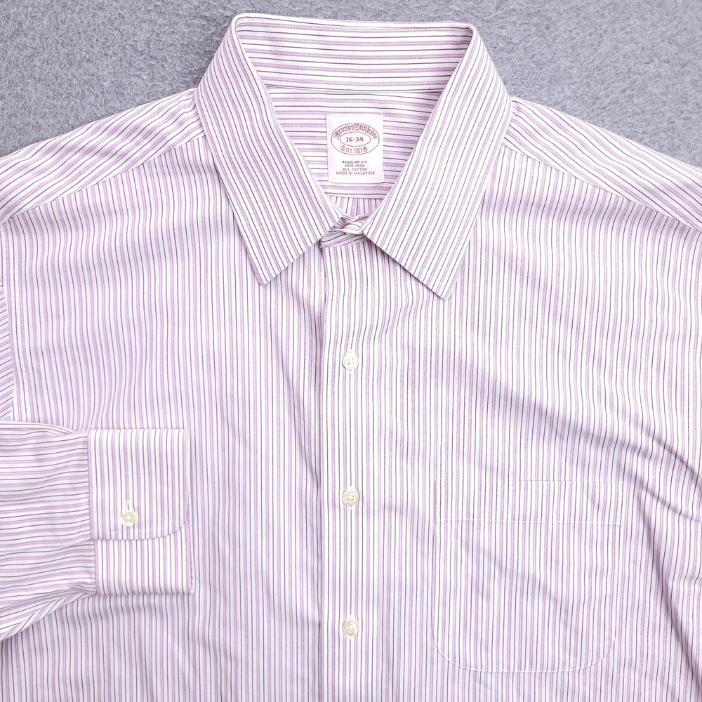 Brooks Brothers Dress Shirt Mens 16 34 Regular Fit Non Iron Purple White Striped